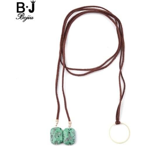 BOJIU Boho Long Brown Black Leather Rope Chokers Necklaces For Women Green Stone Blue Ceramic Collar Necklace Lady Bijoux NKS231