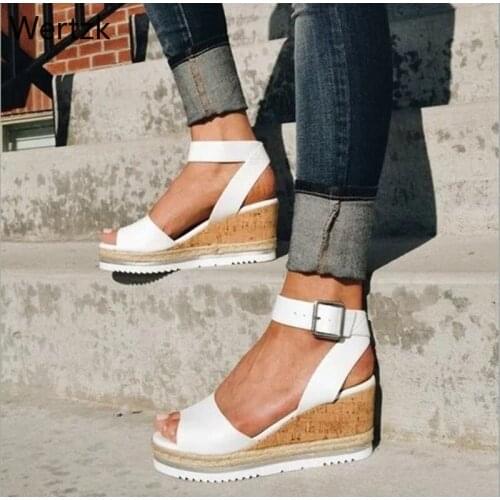 Summer Womens PU Leather Ankle Buckle Strap Sandals Woman Shoes Ladies Peep Toes Slingbacks High Heel Female Casual PlatformB456