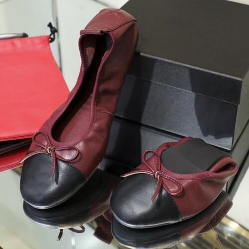 Brands Bowknot Toe Ballet Flats Shoes Woman Ballerina Genuine Leather Mujer Zapatos De Bailarina Christmas Gift Size 35-41