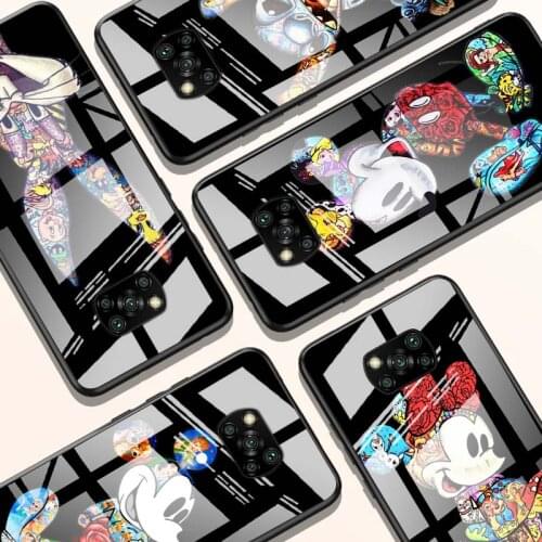Mickey Tattoo Cartoon for Xiaomi POCO X3 NFC F3 M2 X2 F2 Redmi K30 Redmi Note 9 Pro Luxury Tempered Glass Phone Case