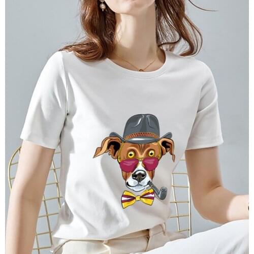 T-shirt Female Street Fashion Commuter Cute Big Yellow Dog Pattern Printing O-neck Ladies Comfortable Casual Soft White Shirt