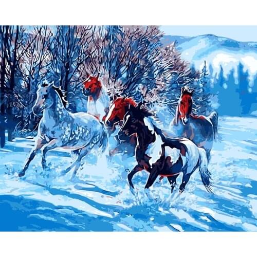 Framed pictures by numbers hand painted canvas oil painting drawing by numbers Snow forest horse coloring by numbers RS-60