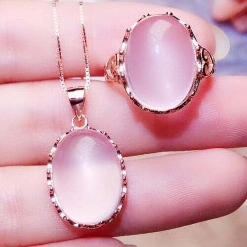 Per jewelry Natural real big rose quartz jewelry set 1pc ring 1pc pendant 11ct*2pcs gemstone 925 sterling silver R203198