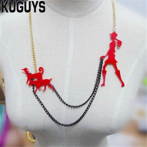 KUGUYS Fashion Acrylic Jewelry Women Red Walking the Dog Woman Pendant Necklace Link Chain Trendy Poodle Necklaces