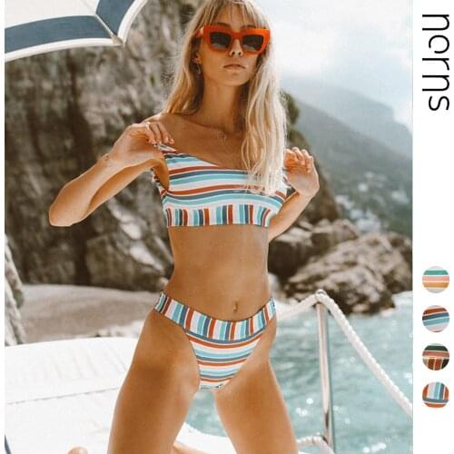 Norns Striped Swimwear Womens Colorful Striped Swimwear Quick-drying Beach Bikini