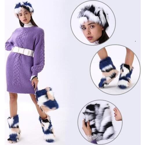 2020 Hot Sale Winter Womens Fluffy Faux Fox Fur Snow Boots Ladies Warm Plush Fur Shoes Matching Purse And Headband Boots Sets
