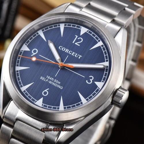 Corgeut 41mm men clock blue dial Automatic Mechanical Sapphire crystal bracelet mens wristwatch luxury top brand