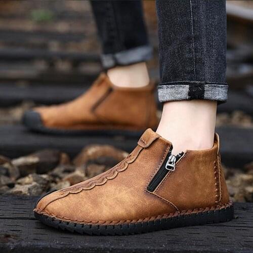 2020 Mens Casual Plus Velvet Leather Shoes Large Size Vintage Boots Zipper Opening Mid-Cut Autumn And Winter Shoes