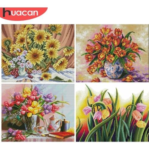 HUACAN Cross-Stitch Flower Kit Embroidery Needlework Sets White Canvas DIY Cross-Stitch Flowers 11CT 14CT Gift Home Decor