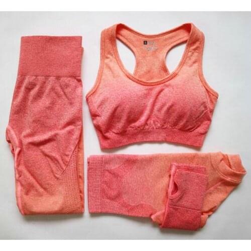 3PCS Yoga Set Ombre Seamless Leggings Sports Bra Long Sleeve Crop Top Women Running Gym Clothing High Waist Fitness Sports Suit