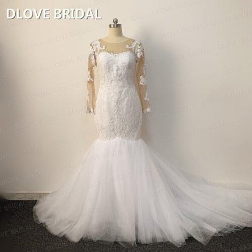 New Arrival Wedding Dress High Quality Sequined Lace Bridal Gown with Illusion Long Sleeves DLOVE BRIDAL Dresses Real Photos