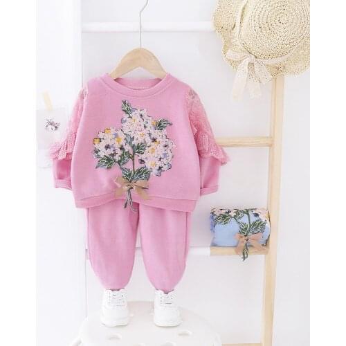 ZWF290 Princess Toddler Baby Girl Clothes Autumn Tracksuit Flower Lace Long Sleeve Sweatshirt+Long Pants Loose Soft Kids Set