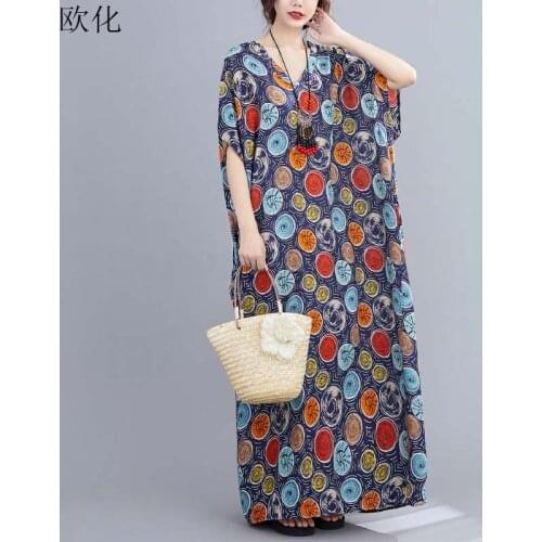 Plus Size 4XL 5XL 6XL 7XL Boho Dresses For Women Summer Robe Female Cotton Linen Maxi Dress Vintage Print Beach Dress Vestidos