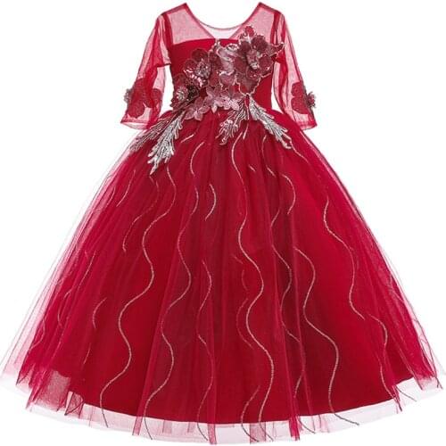 Appliques Half Sleeve Girls dress First Communion Princess dress v-neck tulle wedding kids dresses for girls flower elegant dres