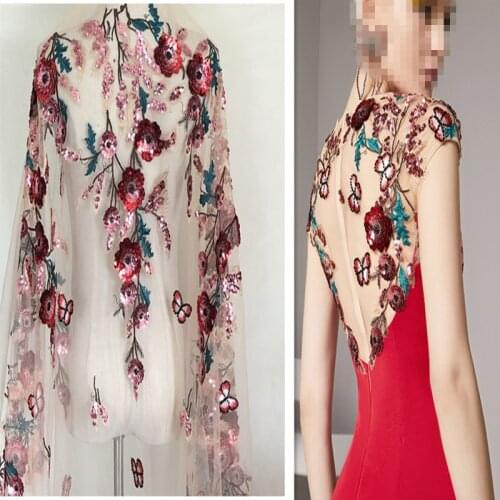 1Yard 3D Flower Sequin Mesh Embroidery Fabric High Quality French African Lace Fabrics Beaded Butterfly Sewing Wedding Dress Diy