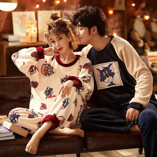Spring Couple Pajamas Women Winter Coral Warm Cartoon Lovely Flannel Homewear Suit