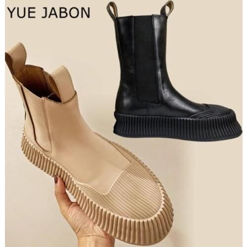 Genuine Leather Winter Boots For Women Platform Chelsea Boot Spring Cowhide Booties Female Thick Bottom Black Beige Ankle Boots