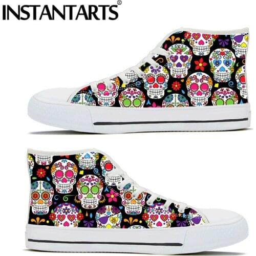 INSTANTARTS Sugar Dead Day Skull Roses Pattern Classic High Top Canvas Vulcanize Shoes Women Comfort Casual Lady Autumn Sneaker