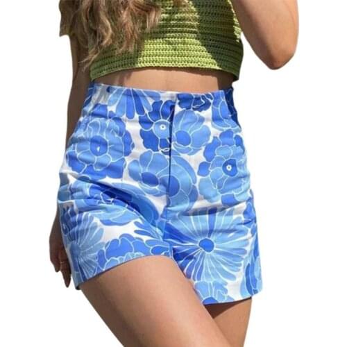 Women Wide-leg Shorts, Blue Floral Printed Pattern High Waist Leisure Trousers, S/ M/ L