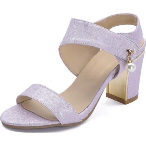 Women High Heels Summer Gladiator Sandals Open Toe Pu Thick High Heels Buckle Strap Party Shoes blue Pink purple