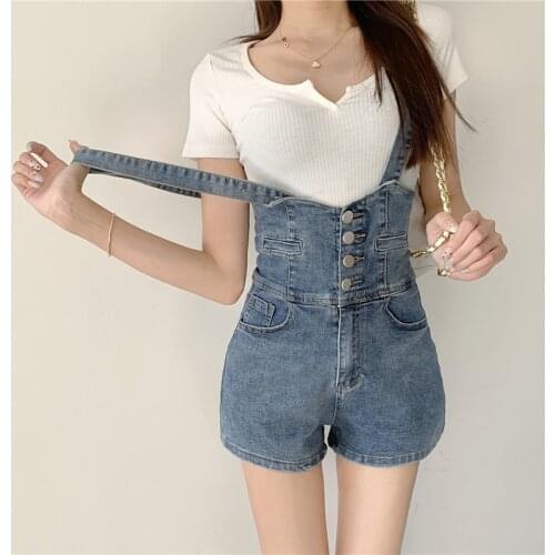 Womens Jeans Overalls For Women Single Breaste Buttons Denim Shorts Slim Hip Jumpsuits Pockets Blue Washed Rompers Female 3661