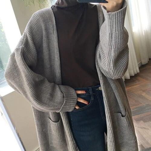 Women Autumn Winter Solid Color Long Sleeve Pockets Loose Midi Sweater Coat Autumn Cardigan Sweater Pullover Blouse Top
