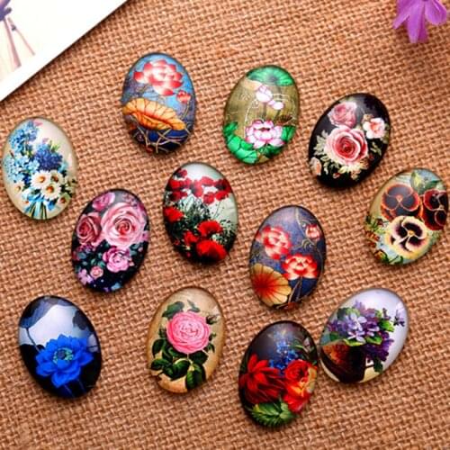 13*18/18*25/30*40mm Beautiful Flowers Pattern Ellipse Handmade Photo Glass Cabochons & Glass Dome Cover Pendant Cameo Settings