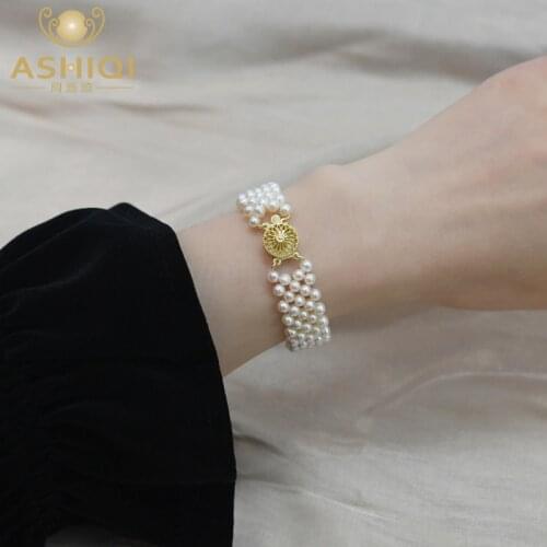 ASHIQI Natural Freshwater Pearl 925 Sterling Silver Hand Woven Wedding Bracelet Gift for Lady