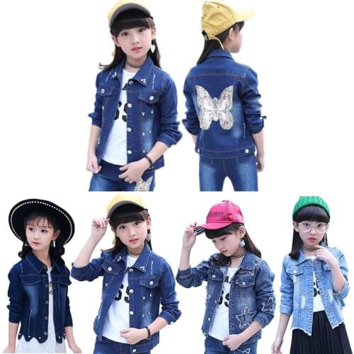 Girls Denim Jacket Spring Autumn Childrens Outwear Coat Teenager Girls Butterfly Embroidery Sequins 2021 kids Jean Jacket