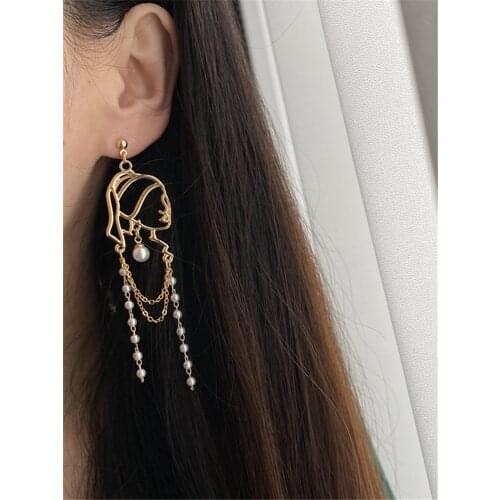 IOY IRENE Pearl Long Tassel Abstract Face Lines Girl Portrait Earrings For Women Hyperbole Personality Dangle Earrings Jewelry