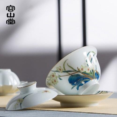 RongShan hall let kiln enamel colour make tea tureen jingdezhen ceramic cups hand-painted three bowl kung fu tea set