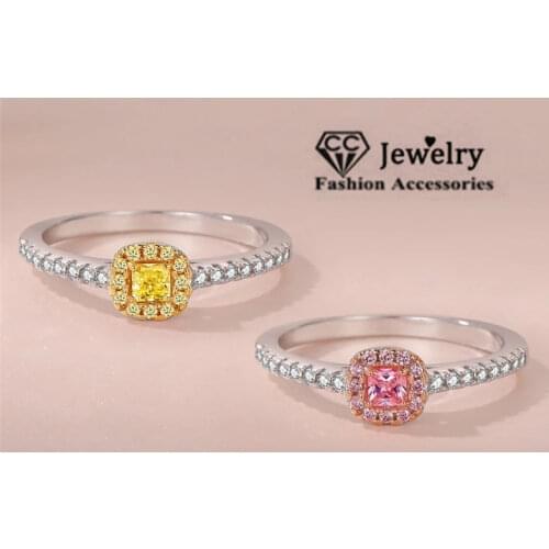 CC Silver Rings For Women Fine Jewelry Pink and Yellow Square Stone Ring Ladies Vintage Bridal Wedding Engagement Bague CC1576