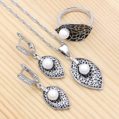 Freshwater Pearl Black Enamel Leaf 925 Sterling Silver Womens Jewelry Set Punk Style Earrings Pendant Necklace Ring