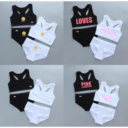 Black and White Simple Girl Bra Set Developmental Cotton Vest Sports Suspender Underwear Set 8-16Years