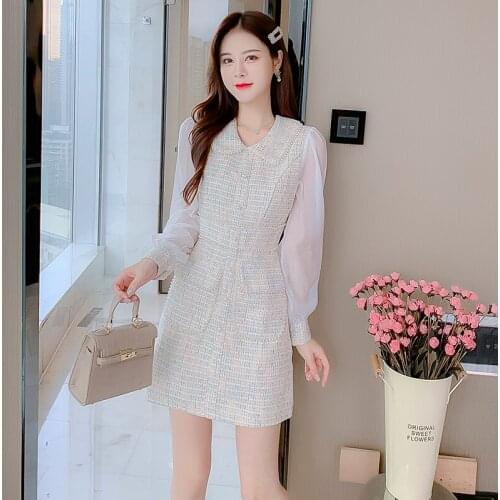 BLLOCUE 2020 New Small Dragrance Dress Female Autumn Winter Long-Sleeved High Waist Patchwork Beaded Temperament Fairy Dresses