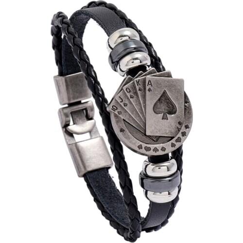Punk Fashion Men Multilayer Black Bracelet Cuff Alloy Poker Charm Braided Leather Chain Bangle Vintage Wristbands Gothic Jewelry