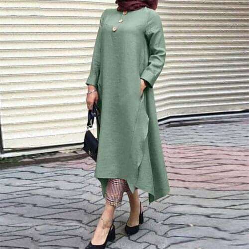 Oversized Women Cotton Linen Dress Vintage Solid Loose Casual Dress Autumn Turkey Female Asymmetrical Maxi Muslim Vestidos