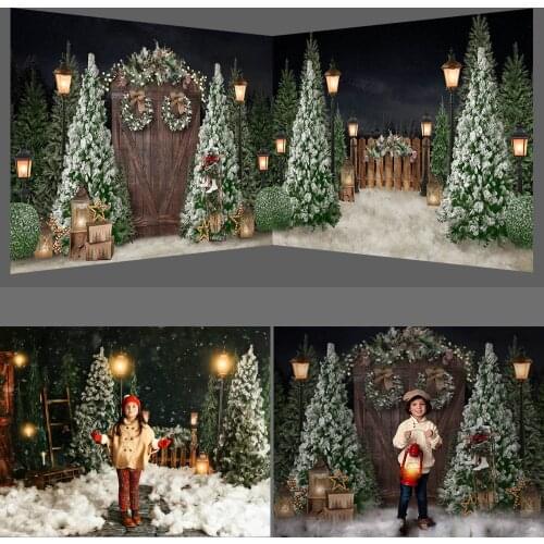 Christmas Retro Wood Door Photography Backdrops Snow Night Pine Tree Decor Children Party Photocall Background Photo Studio