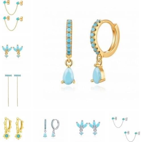 GS 925 Sterling Silver Korean Jewelry Bling Turquoise Piercing Stud Earrings For Women Girls Minimalist Bohemia Aretes Earring