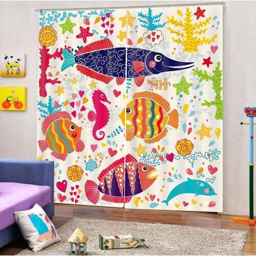 Modern Printing Cartoon Fish coral Geometric patterns Window Curtain For Childrens room Polyester Fabric Blackout Drapes Sets
