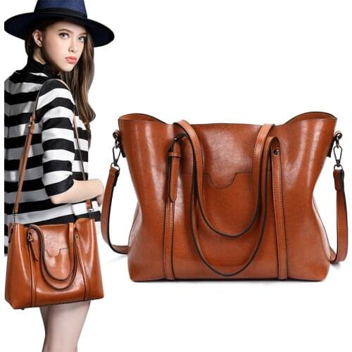 Women Bag Oil Wax Leather Handbags Luxury Lady Hand Bags with Purse Pocket Women Shoulder Bag Big Tote Sac Bolsos Mujer Designer