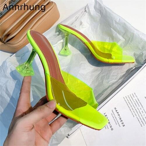 PVC Clear High Heels Slippers Women Sexy Square Open Toe Goblet Heel Slides Fashion Transparent Shoes Woman Zapatillas Mujer