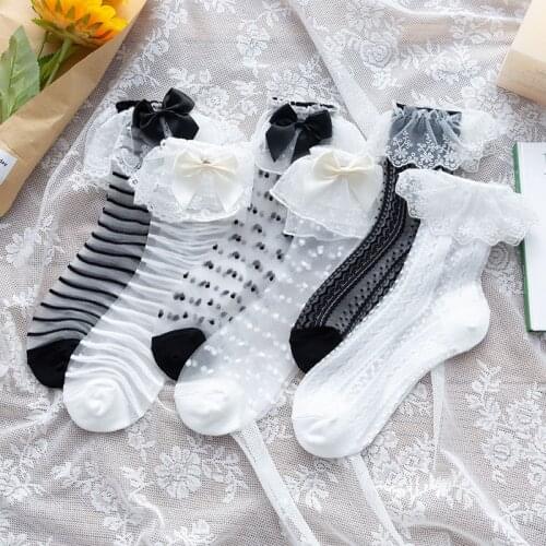 Lolita Lace Socks Women Dots Bowknot Socks Girls Harajuku Glass Silk Short Socks Ankle Female Dress Calcetines
