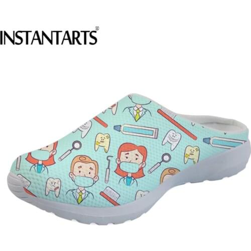 INSTANTARTS Cartoon Dentist/Teeth Print Slip On Sandals Woman Casual Lightweight Summer Beach Slippers Comfortable Mesh Footwear