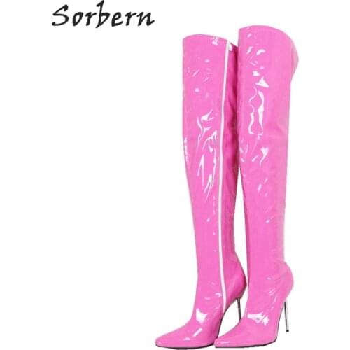 Sorbern Lethal 12cm Silver Metal Heel 60cm Custom Crotch Show Boot Patent Burgundy Thigh High Boots Women Pointed Toe New 2018