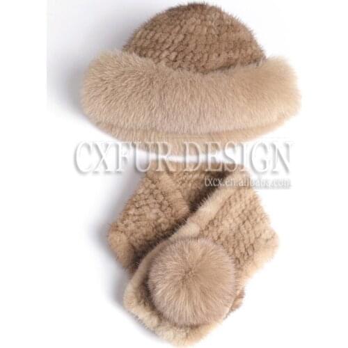CX-C-99A Luxury Pom Pom Woman Fashion Scarf Real Fox Fur Around Trim Knit Mink Fur Hats