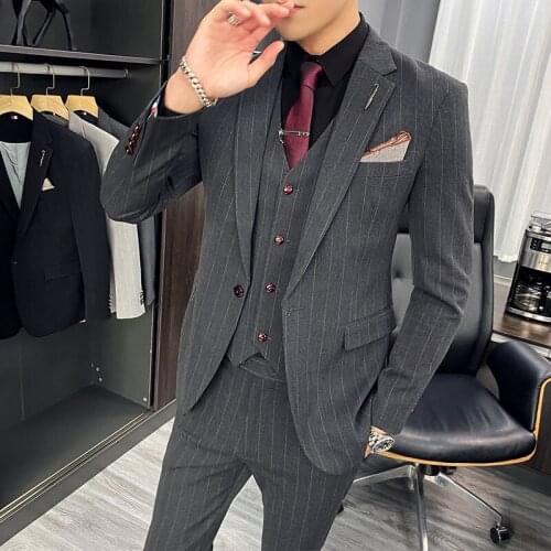 S-7XL ( Jacket + Vest + Pants ) Fashion Luxury Striped Slim Mens Business Casual Suit 3 Pieces Set Groom Wedding Dress Tuxedo