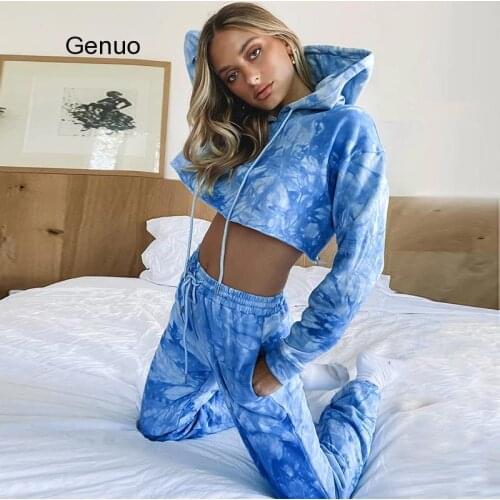 Two Piece Set Women Tie-Dye Print Tracksuit Hooded Autumn Long Sleeve Crop Top + Loose Pants Streetwear Casual Matching Sets