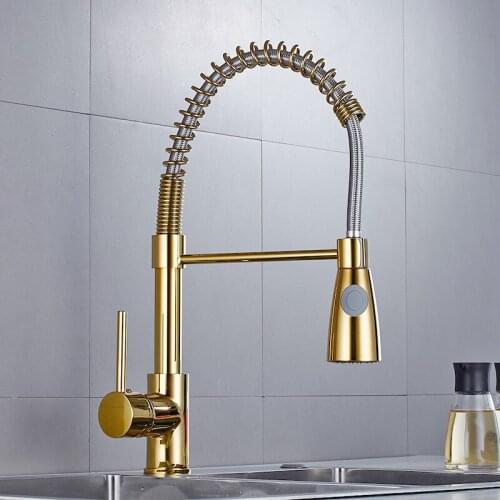Golden Brass Kitchen Faucet Deck Mounted Mixer Tap 360 Degree Rotation Stream Sprayer Nozzle Kitchen Sink Hot Cold Taps