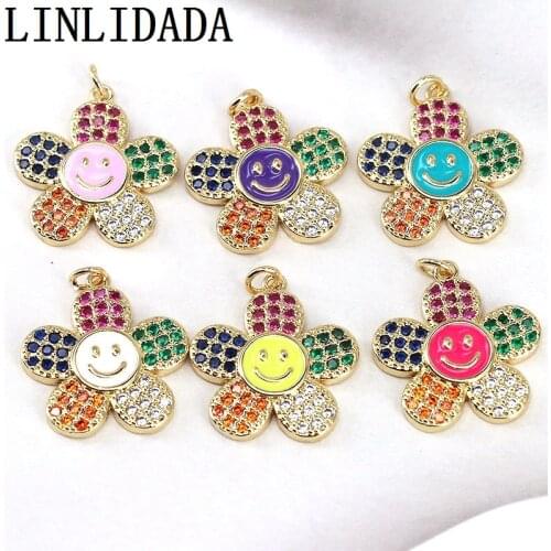 10Pcs,Trendy Rainbow Flower Smiley Face Enamel Lucky Charm Pendant DIY, Crystal Zircon Happy Face Jewelry Making